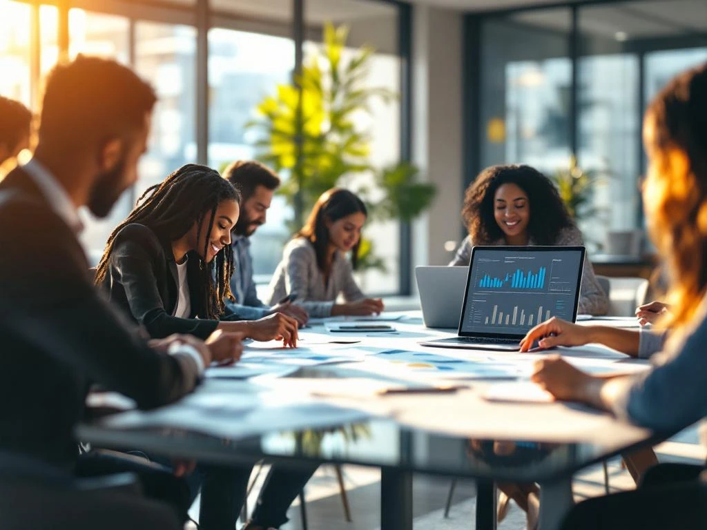 Diverse professionals collaboreren rond vergadertafel met documenten en laptops in moderne kantooromgeving