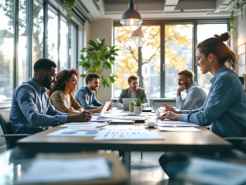Diverse professionals collaboreren rond moderne vergadertafel met laptops en planning documenten in lichte kantoorruimte