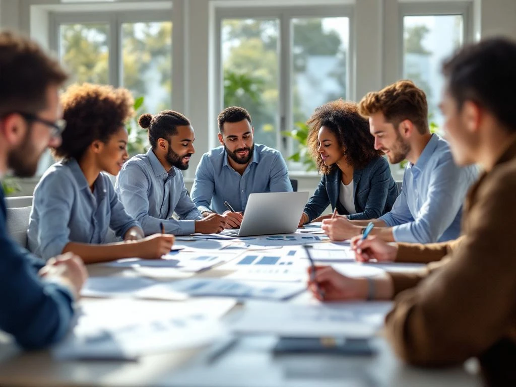 Diverse professionals collaboreren rond moderne vergadertafel in lichte kantoorruimte met documenten en laptops