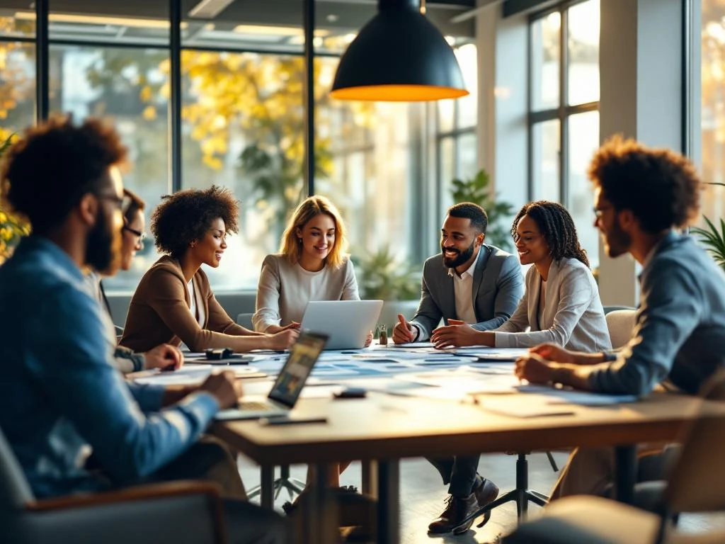 Diverse professionals collaboreren rond moderne vergadertafel met laptops en planningsdocumenten in lichte kantoorruimte