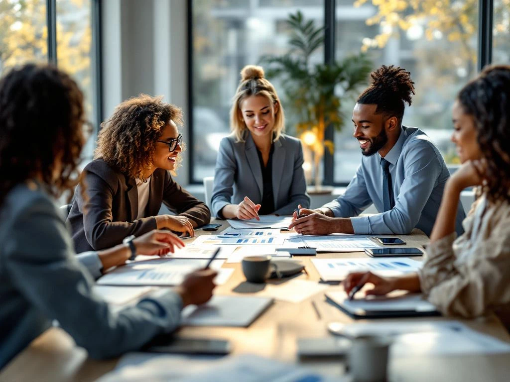 Diverse professionals collaboreren rond moderne vergadertafel in lichte kantoorruimte met strategische planningsdocumenten