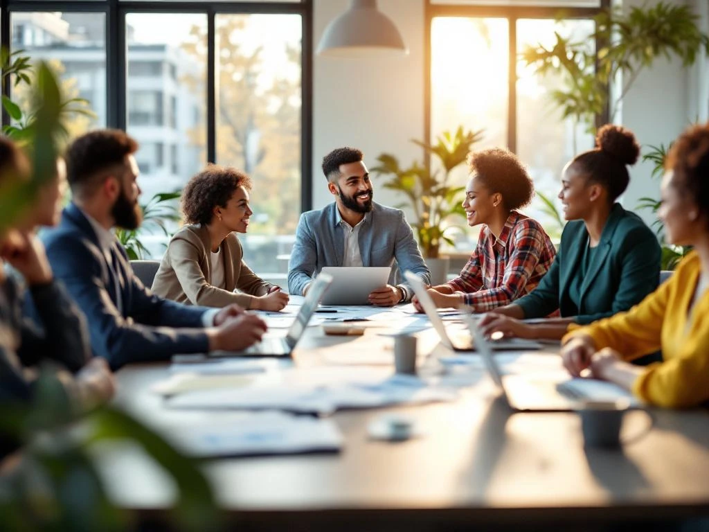 Diverse professionals collaboreren rond moderne vergadertafel met laptops en documenten in lichte kantoorruimte