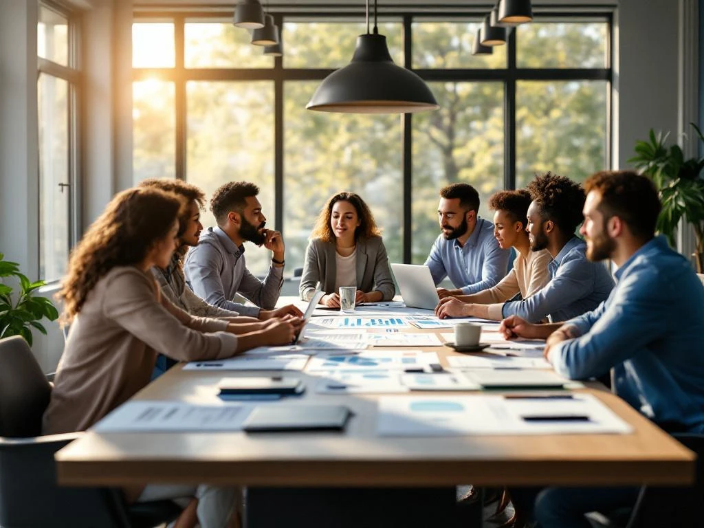 Diverse professionals collaboreren rond moderne vergadertafel met laptops en documenten in lichte kantoorruimte