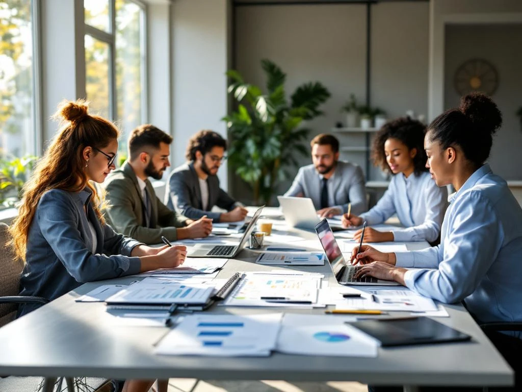 Diverse professionals collaboreren rond moderne vergadertafel in lichte kantoorruimte met laptops en planningsdocumenten