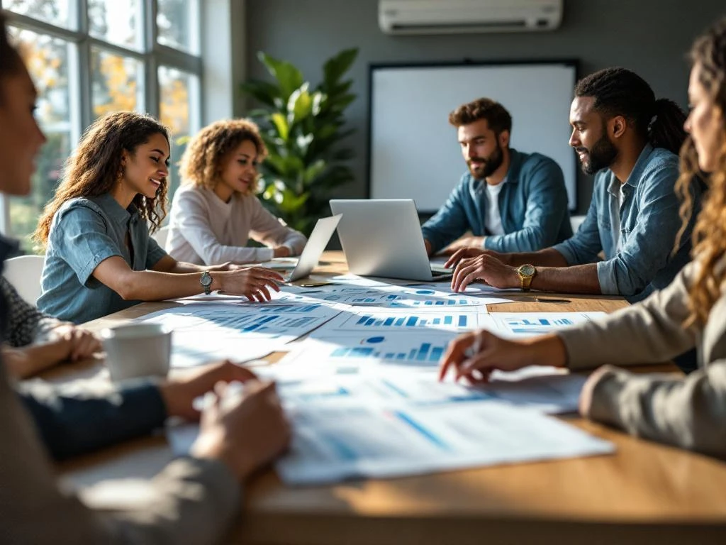 Diverse professionals collaboreren rond moderne vergadertafel met grafieken en laptops in lichte kantoorruimte