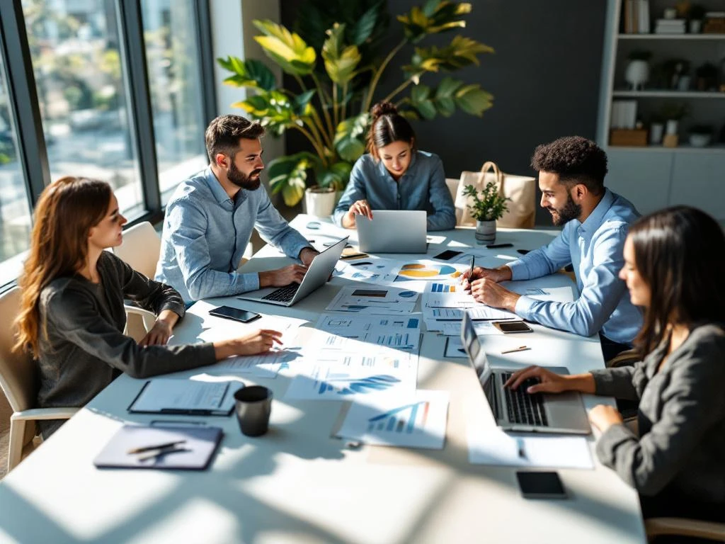 Diverse professionals collaboreren rond moderne vergadertafel met laptops, grafieken en planningsdocumenten in lichte kantoorruimte