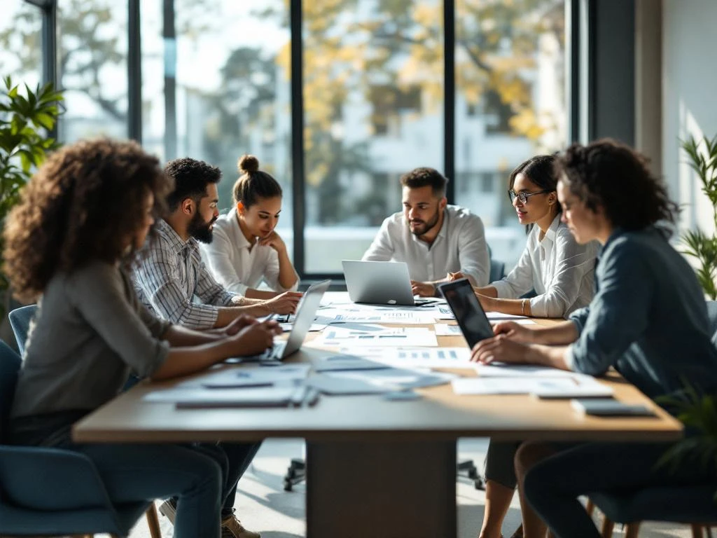 Diverse professionals collaboreren rond moderne vergadertafel in lichte kantoorruimte met documenten en laptops