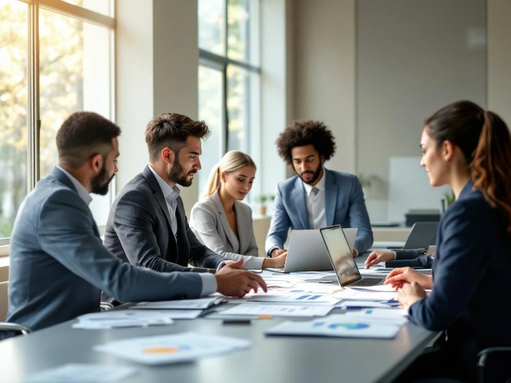 Diverse professionals collaboreren rond moderne vergadertafel met laptops en documenten in lichte kantoorruimte