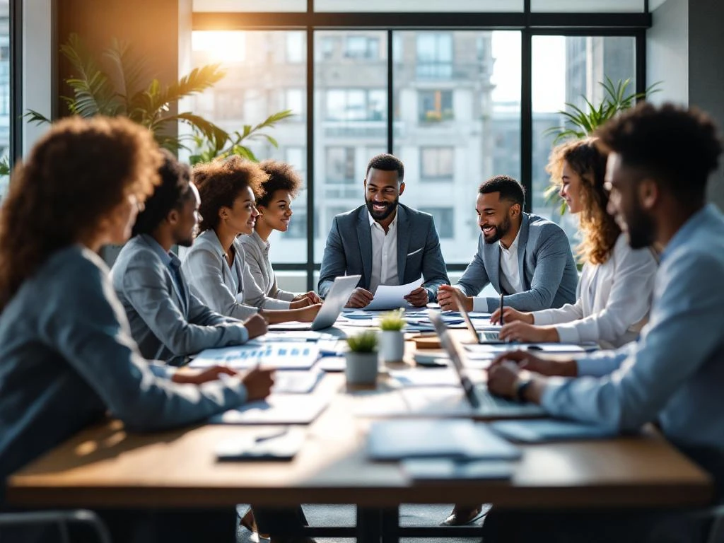 Diverse professionals collaboreren rond moderne vergadertafel met laptops en documenten in lichte kantoorruimte