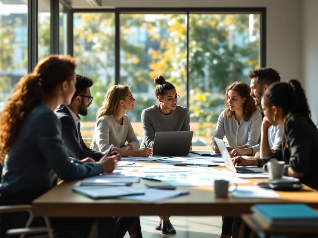 Diverse professionals collaboreren rond moderne vergadertafel met laptops en planningsdocumenten in lichte kantoorruimte