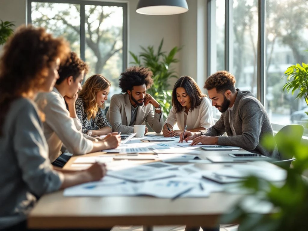 Diverse professionals collaboreren rond conferentietafel in moderne vergaderruimte met natuurlijk licht en laptops