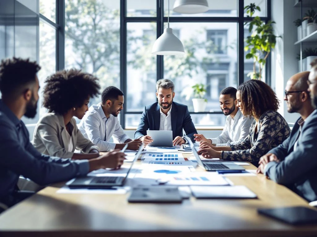 Diverse professionals collaboreren rond moderne vergadertafel in lichte kantoorruimte met laptops en documenten