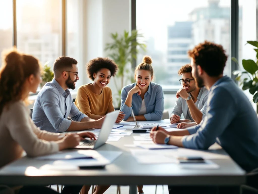 Diverse professionals collaboreren rond conferentietafel met laptops en documenten in moderne vergaderruimte