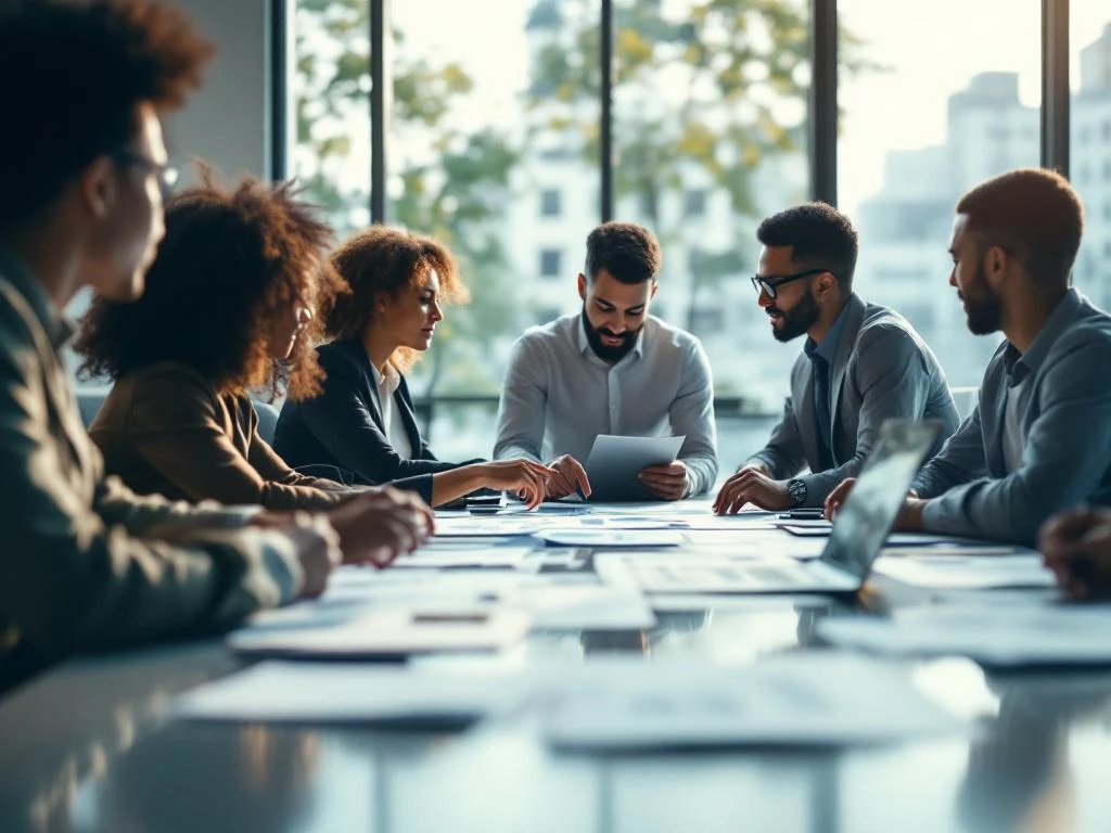 Diverse professionals in strategische discussie rond moderne vergadertafel met documenten en laptops in lichte boardroom