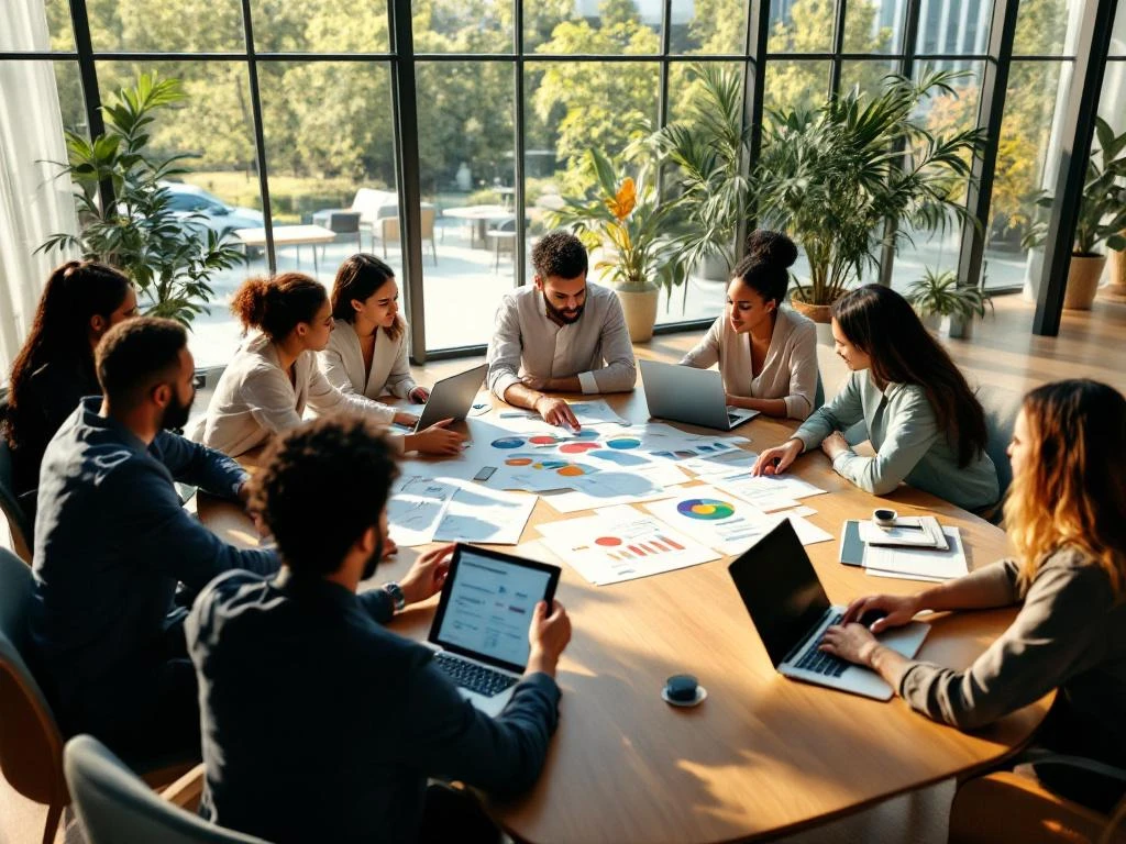 Diverse professionals collaboreren rond houten tafel in moderne vergaderruimte met natuurlijk licht en strategische documenten