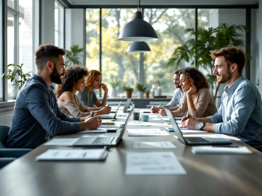 Diverse professionals collaborating around conference table in bright modern meeting room with laptops and documents
