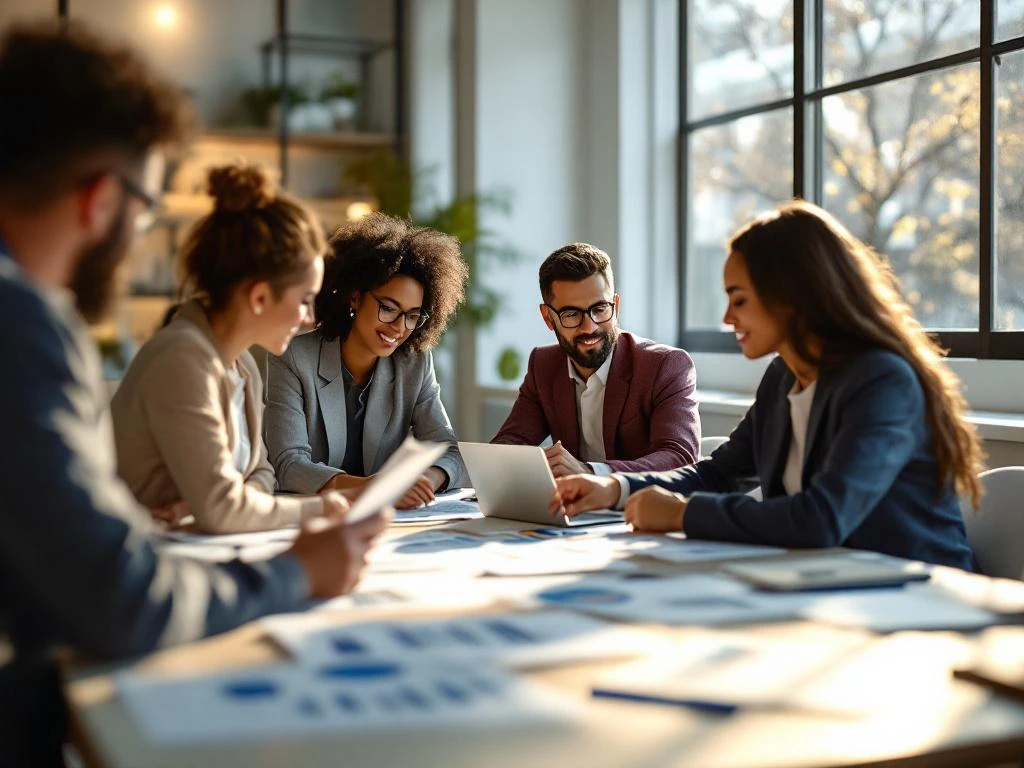 Diverse professionals collaboreren rond moderne vergadertafel met laptops en planningsdocumenten in lichte kantoorruimte