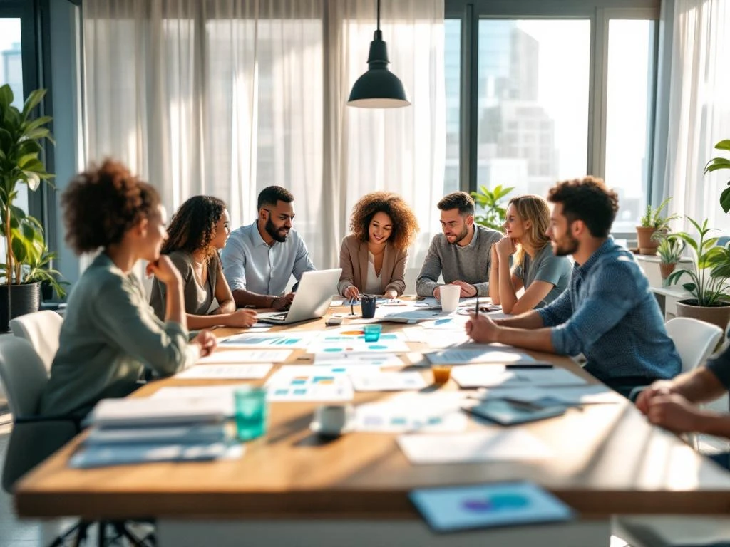 Diverse professionals collaboreren rond tafel in moderne vergaderruimte met documenten en laptops bij daglicht