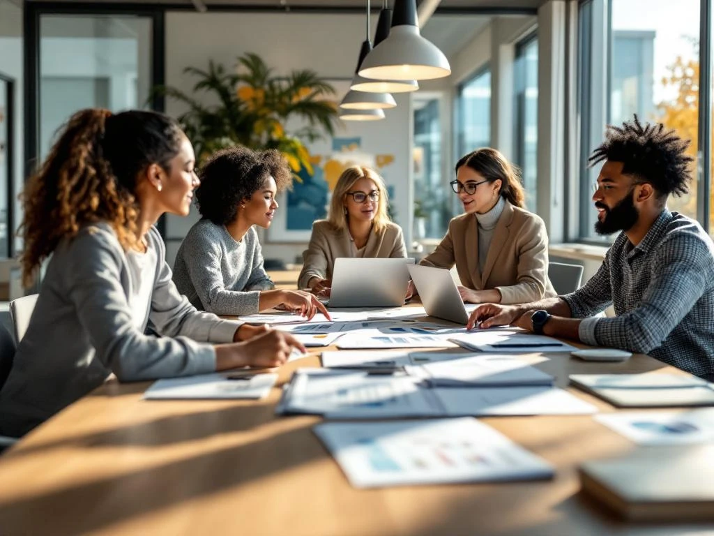 Diverse professionals samenwerken rond moderne vergadertafel met laptops en documenten in lichte kantoorruimte