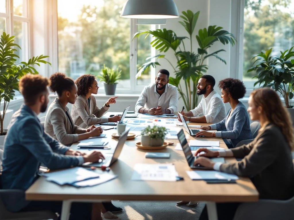 Diverse professionals collaboreren rond moderne vergadertafel met laptops en documenten in lichte kantoorruimte