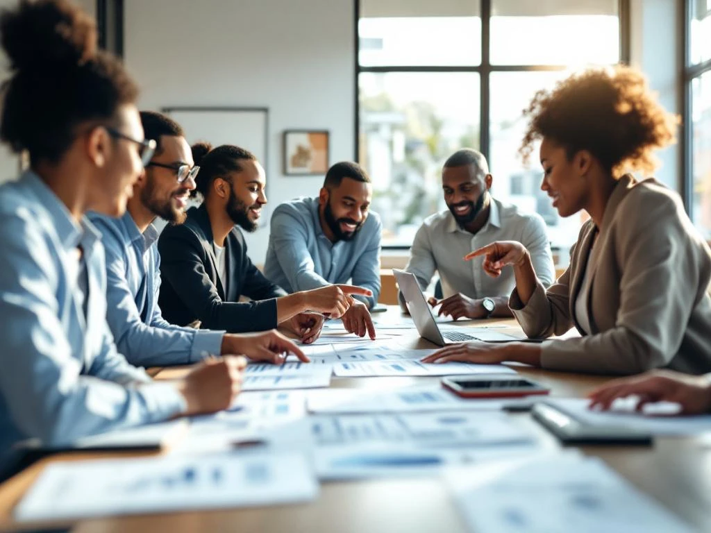 Diverse professionals collaboreren rond moderne vergadertafel met documenten en laptops in lichte kantooromgeving
