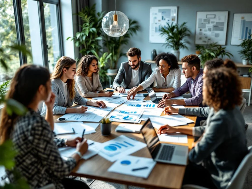 Diverse professionals collaboreren rond moderne vergadertafel met strategische planningsdocumenten in lichte kantoorruimte