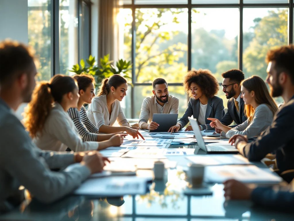 Diverse professionals collaboreren rond moderne vergadertafel met documenten en laptops in lichte kantooromgeving