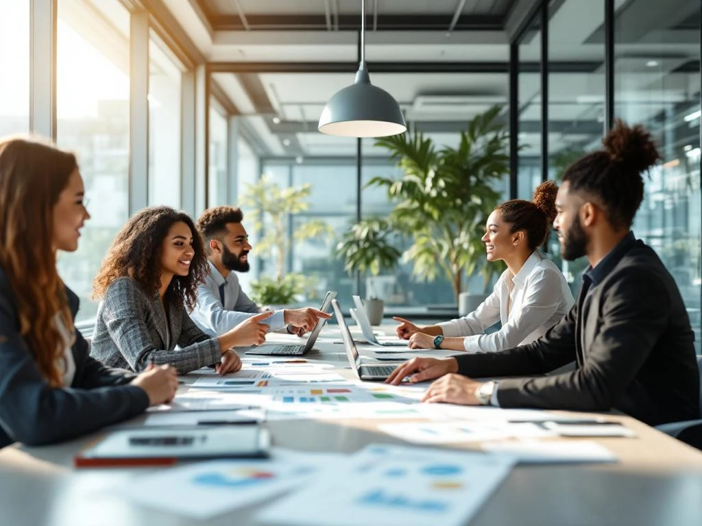 Diverse professionals collaboreren rond moderne vergadertafel met laptops en planningsdocumenten in lichte kantoorruimte