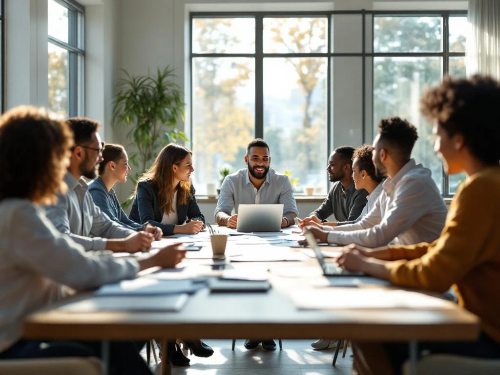 Diverse professionals collaboreren rond moderne vergadertafel in lichte kantoorruimte met laptops en documenten