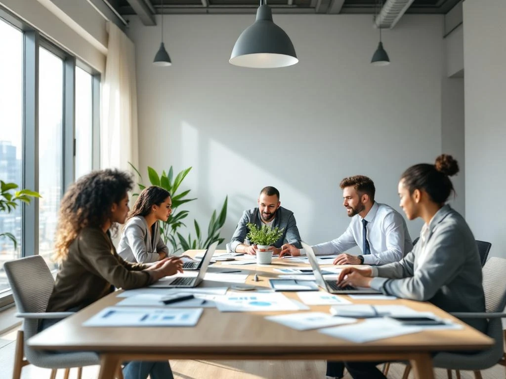 Diverse professionals collaborating around conference table in bright modern meeting room with laptops and documents