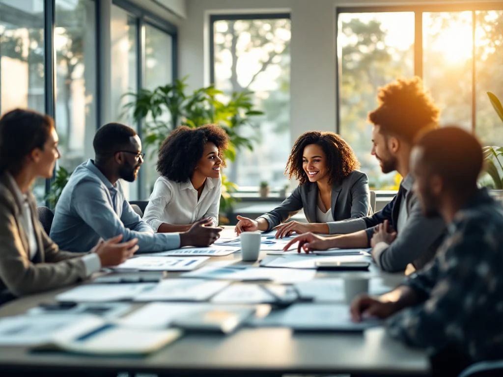 Diverse professionals collaboreren rond moderne vergadertafel in lichte kantoorruimte met documenten en laptops
