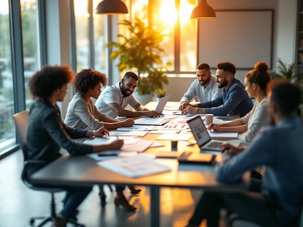 Diverse professionals collaboreren rond moderne vergadertafel met documenten en laptops in lichte kantooromgeving
