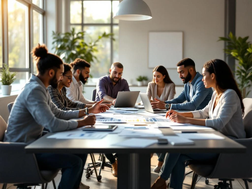 Diverse professionals collaboreren rond moderne vergadertafel met documenten en laptops in lichte kantoorruimte