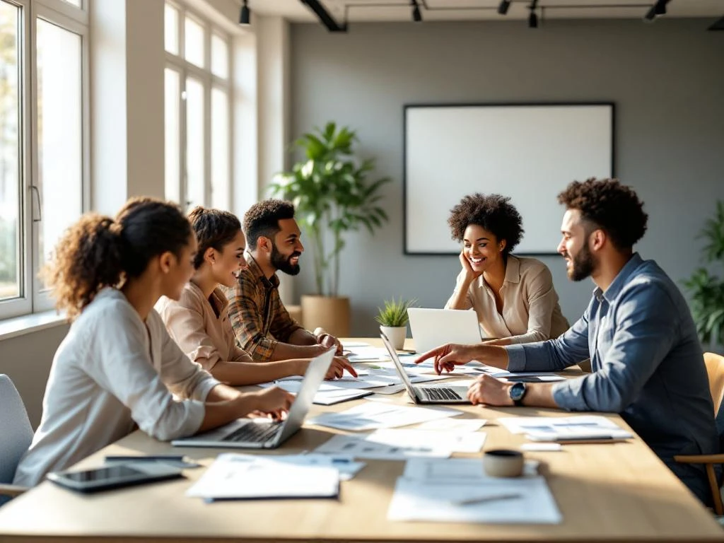 Diverse professionals collaboreren rond moderne vergadertafel met laptops en documenten in lichte kantooromgeving