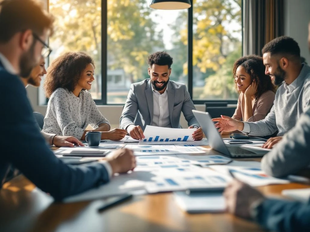 Diverse professionals collaboreren rond conferentietafel met strategische planningsdocumenten in moderne vergaderruimte