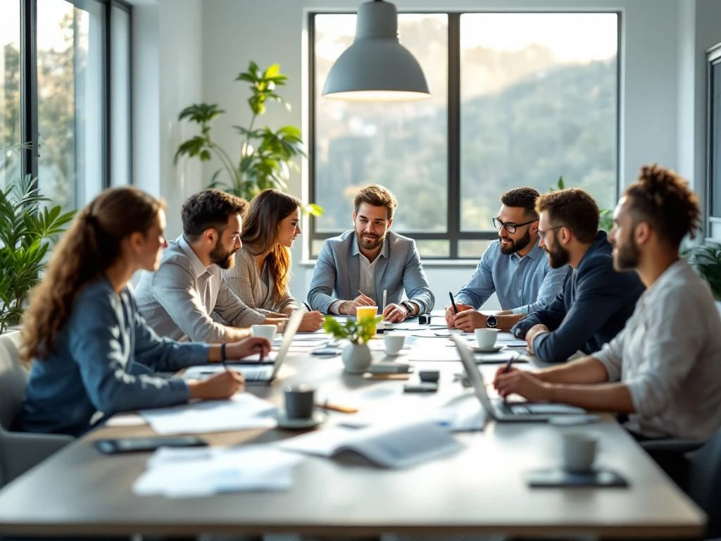 Diverse professionals collaboreren rond moderne vergadertafel met laptops en strategische documenten in lichte kantoorruimte
