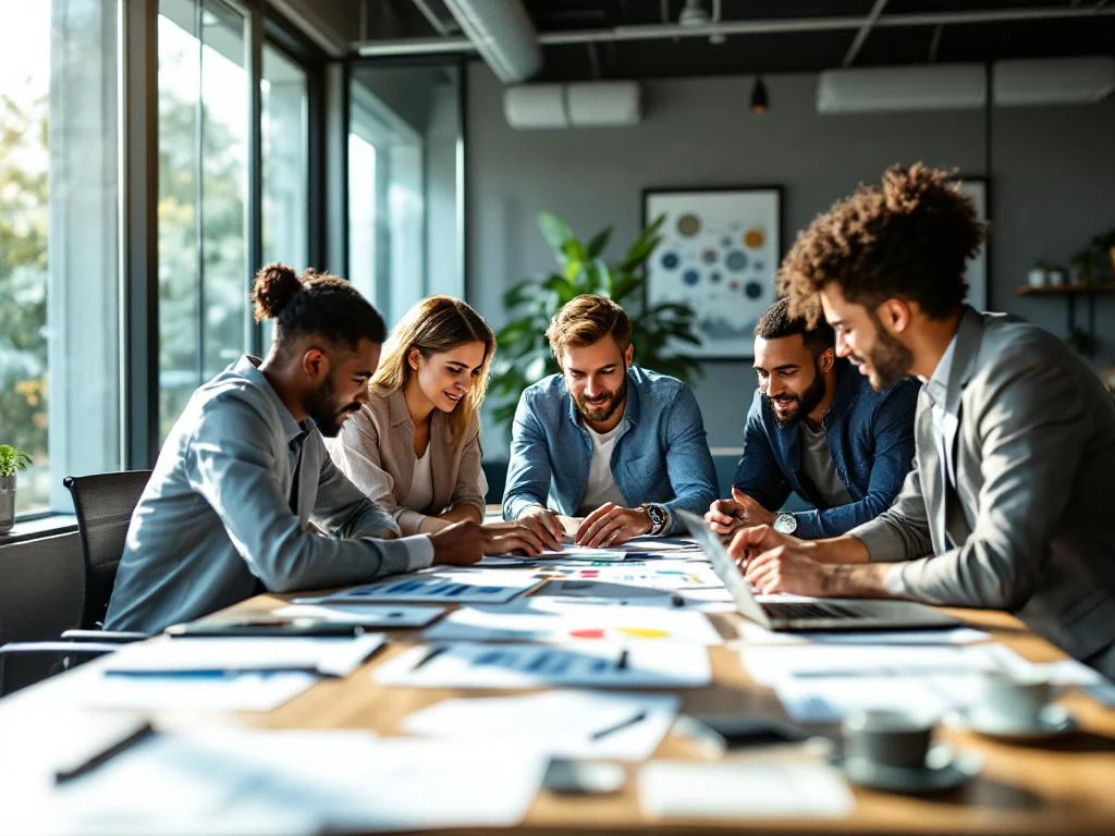 Diverse professionals collaboreren rond vergadertafel met strategische planning documenten in moderne kantoorruimte