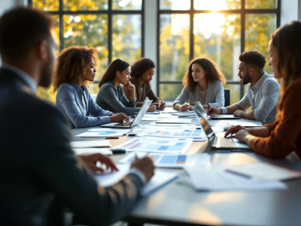 Diverse professionals collaboreren rond moderne vergadertafel met documenten en laptops in lichte conferentieruimte