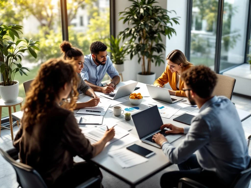 Diverse professionals collaboreren rond vergadertafel met laptops en documenten in moderne conferentieruimte