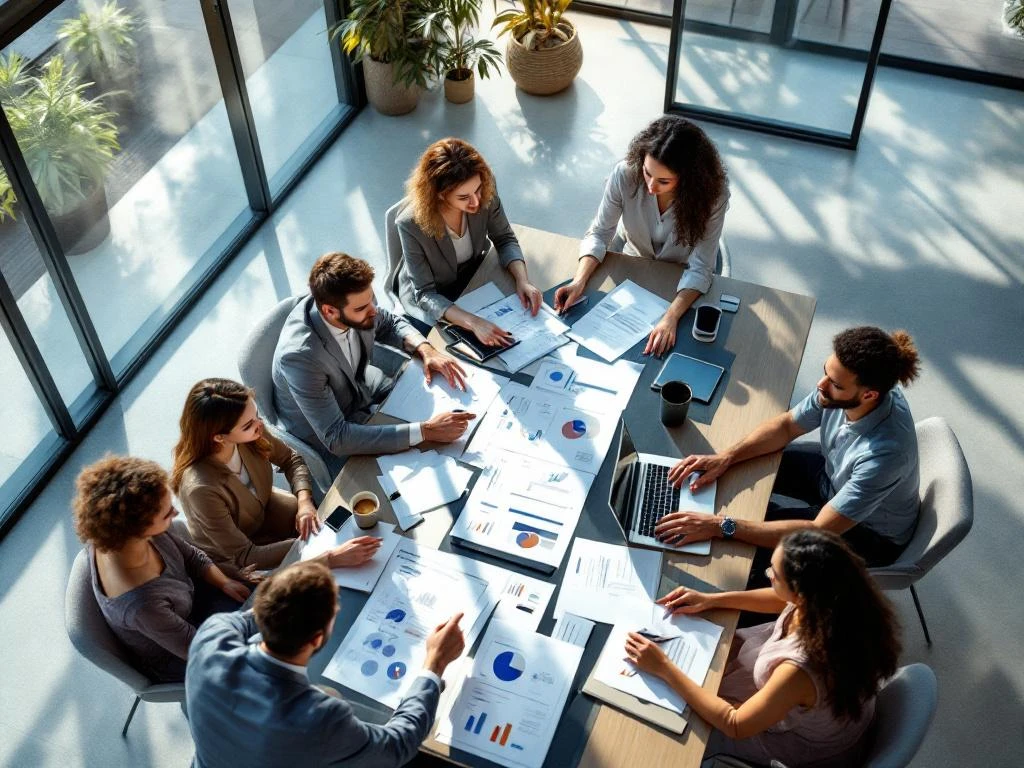 Diverse professionals collaboreren rond moderne vergadertafel met documenten en laptops in hedendaagse kantooromgeving