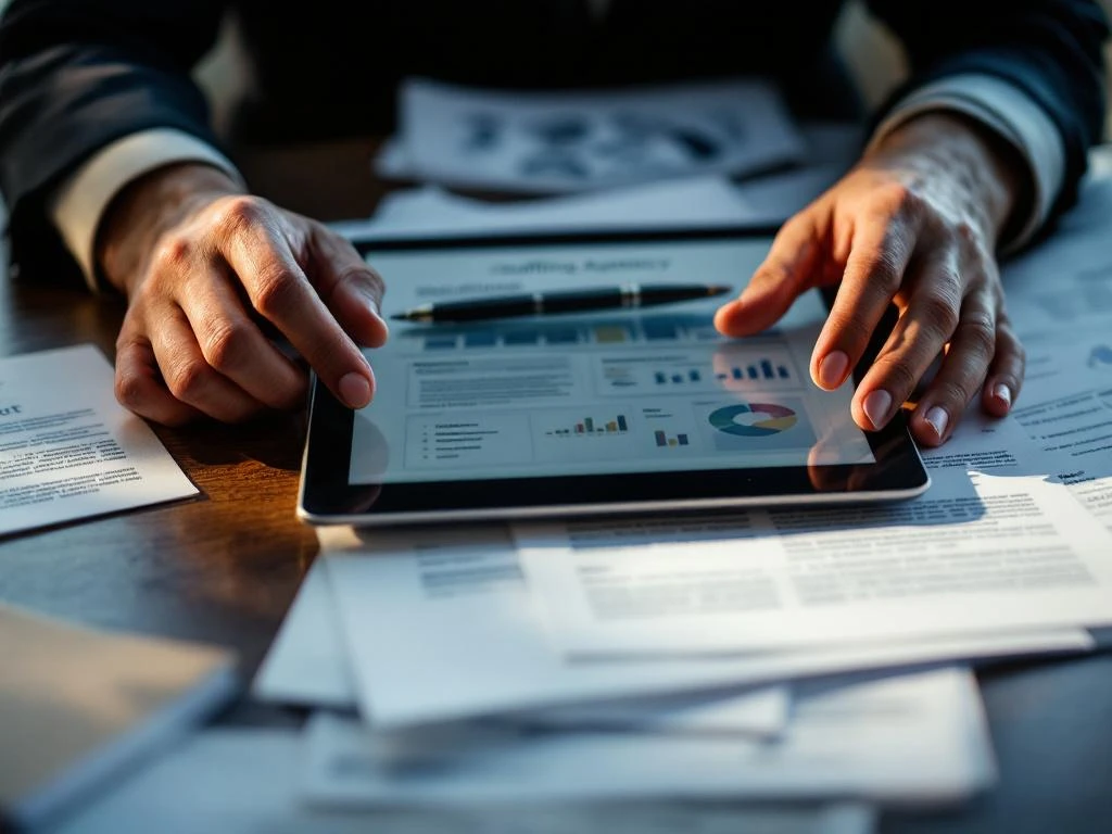 Zakelijke consultant werkt aan personeelsplanning met tablet en contractdocumenten op bureau