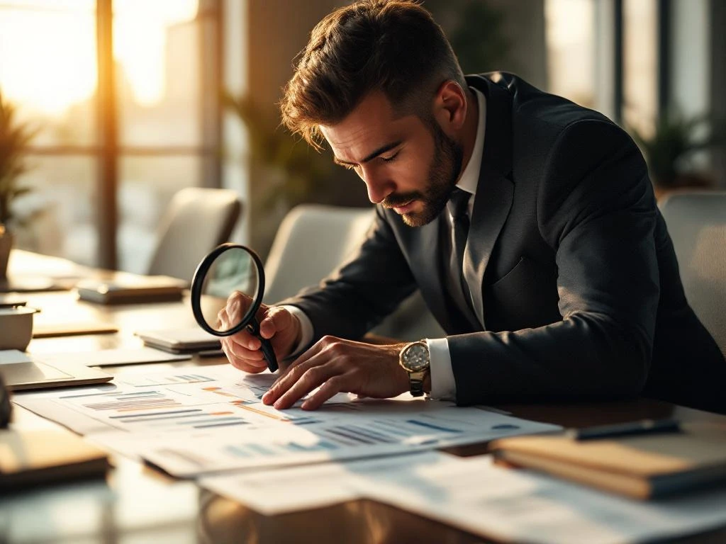 Zakelijke consultant in pak onderzoekt projecttijdlijn met vergrootglas aan vergadertafel met documenten