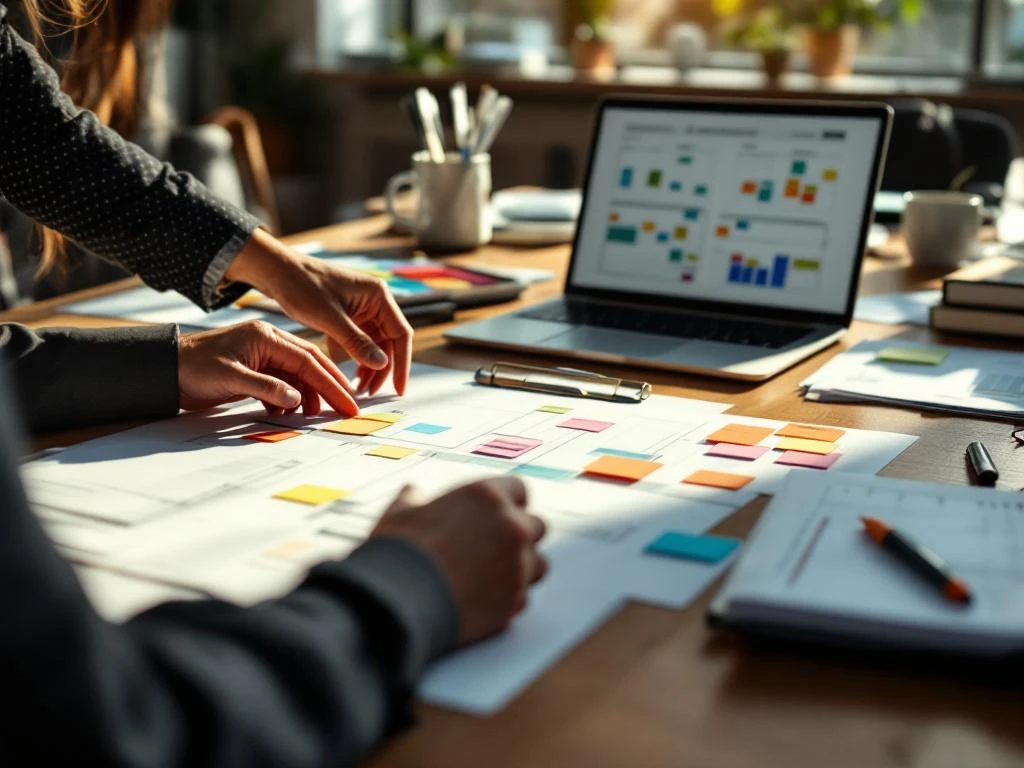 Zakelijke consultant organiseert transitietijdlijn op houten vergadertafel met kleurrijke notities en laptop