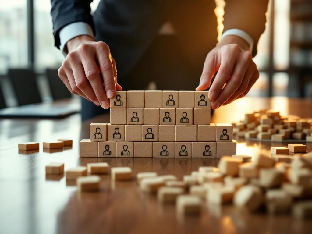 Bedrijfsmanager organiseert houten blokken die medewerkers vertegenwoordigen op vergadertafel, transformatie van chaos naar structuur
