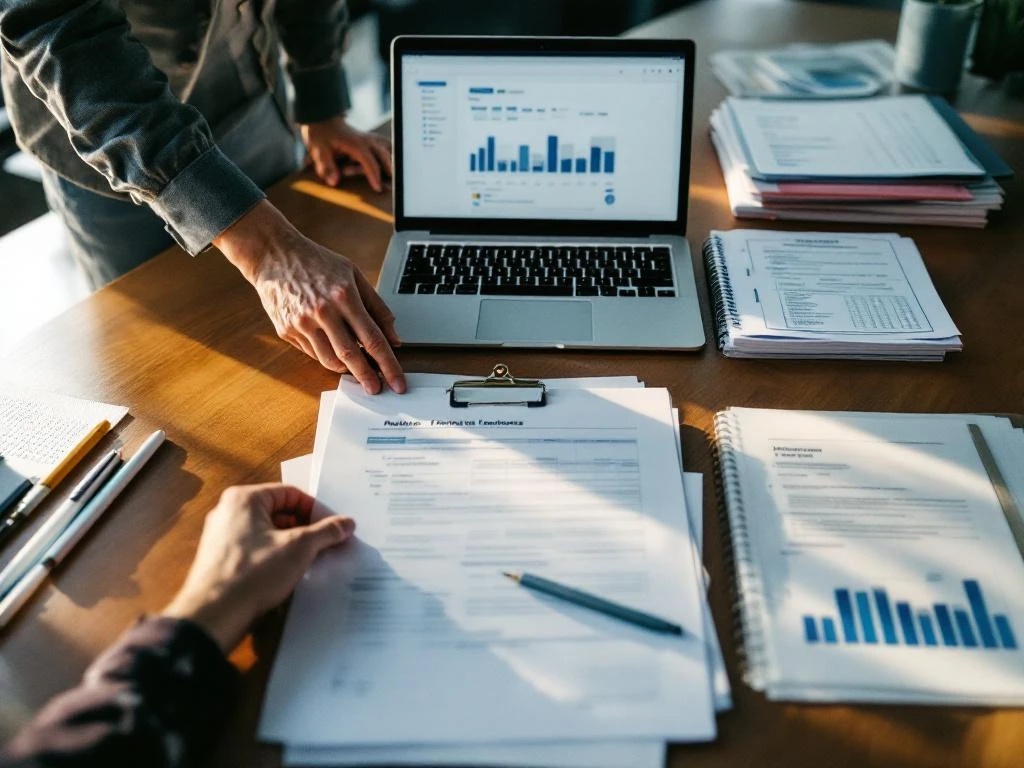 Professionele consultant organiseert documenten en mappen op houten bureau met laptop en marktonderzoeksrapporten