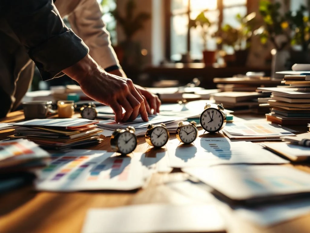 Consultant organiseert kleurrijke planningsdocumenten en kalenders op houten bureau met verschillende bureauklokken