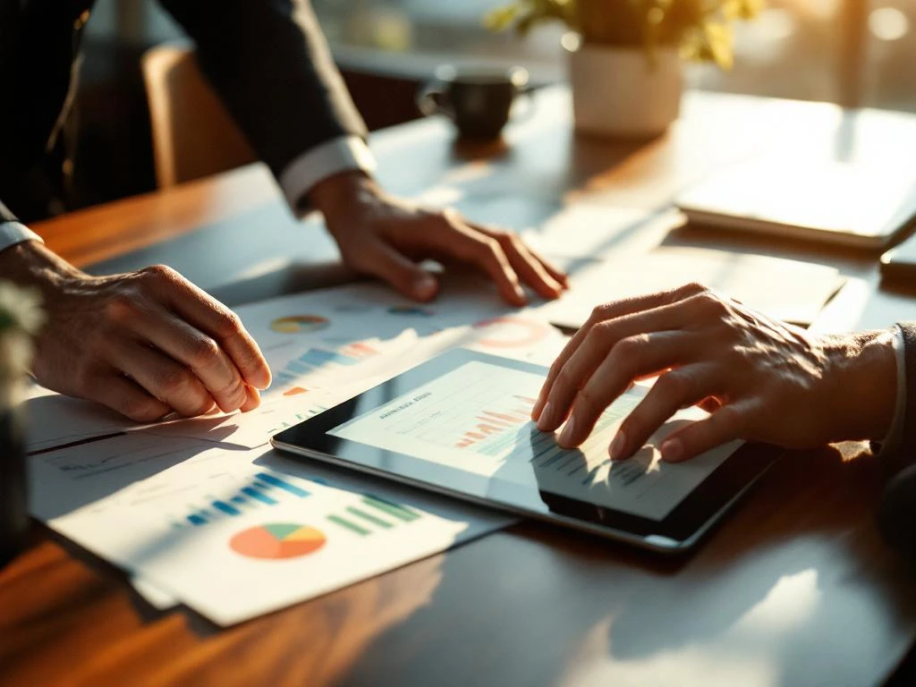 Financieel adviseur organiseert investeringsportefeuille documenten en grafieken op mahoniehout bureau met tablet