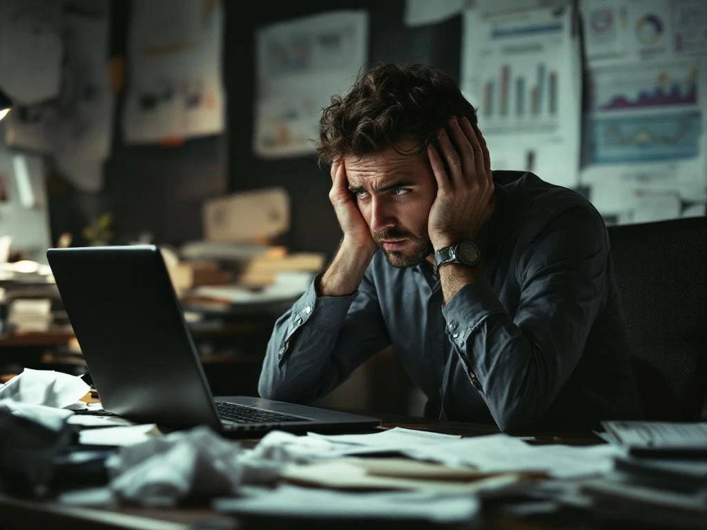 Gefrustreerde bedrijfsmanager houdt hoofd vast aan rommelig bureau vol gemiste deadlines en verspreide documenten