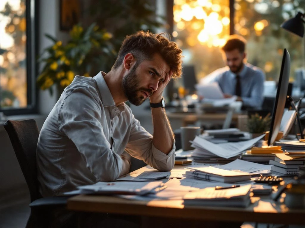 Gestresste HR-medewerker aan rommelig bureau met papieren, terwijl collega op achtergrond efficiënt plant op computer