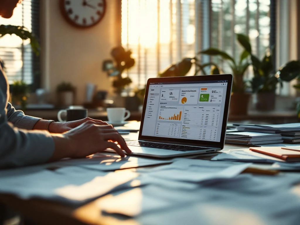 Kantoormanager typt op laptop met workforce management dashboard, omringd door papieren roosters op bureau bij zonsondergang